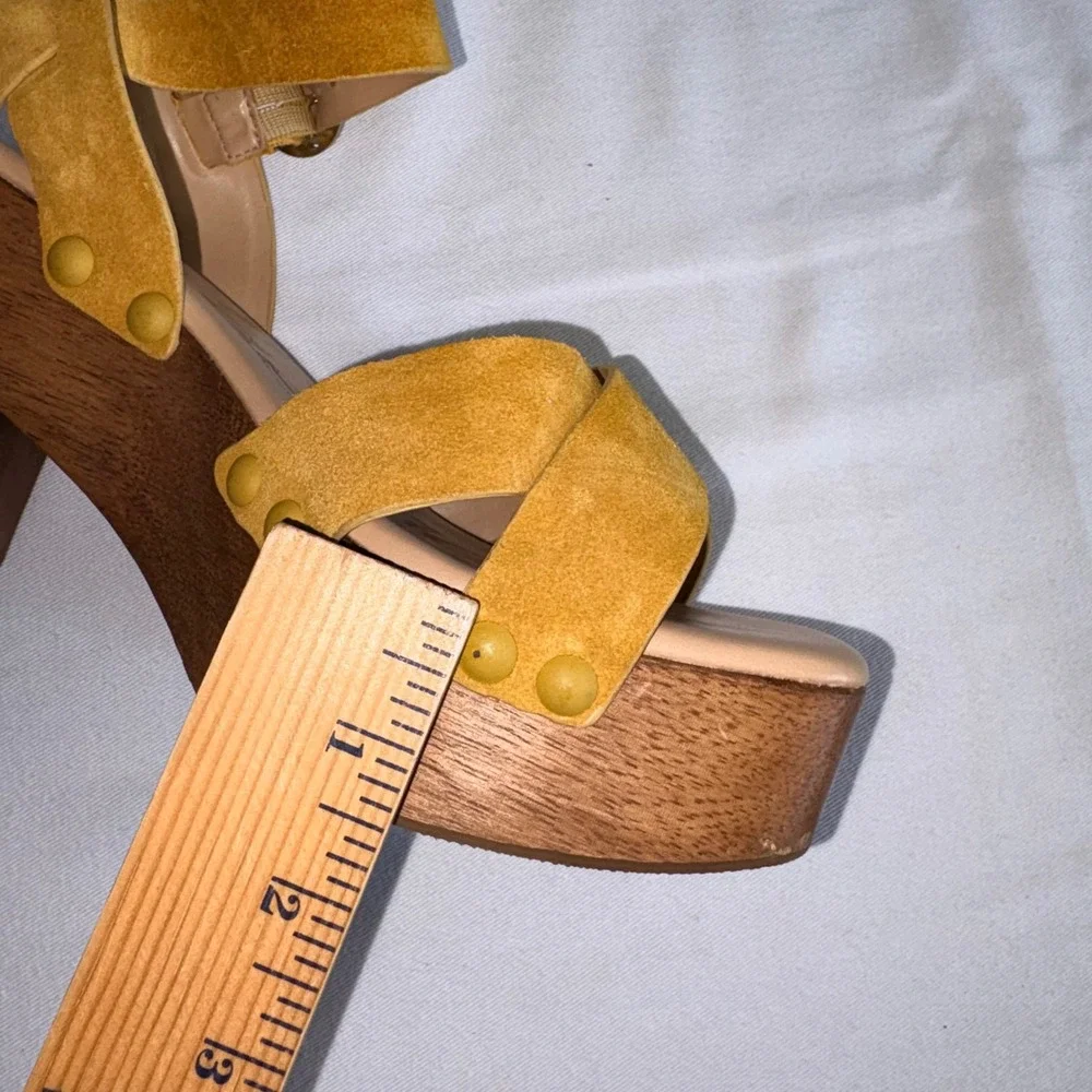 Sam Edelman Josephine platform Sandals 8.5 Mustard Yellow Suede Wood Block Heel